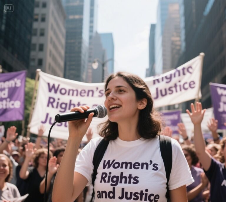 jimeng-2025-05-27-258-A realistic image of a female human rights activist holding a microphone, addr...