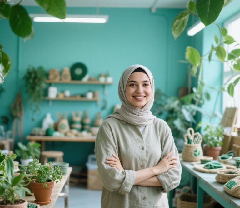 jimeng-2025-05-27-260-_A realistic image of a female (wearing hijab) eco-entrepreneur standing proud...