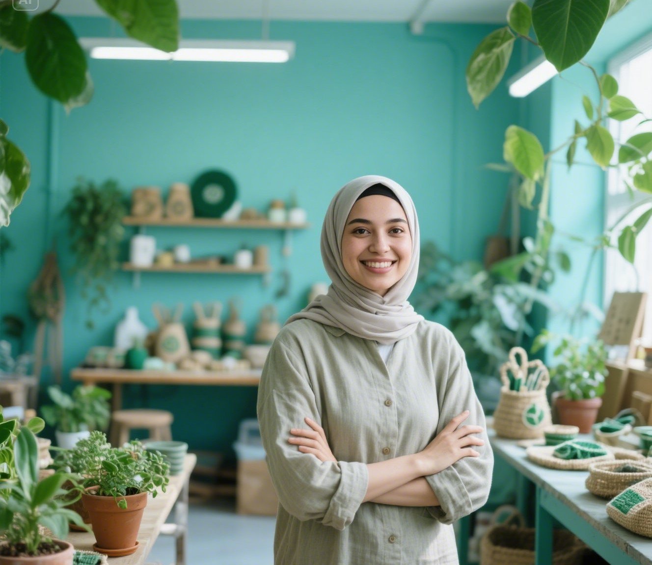 jimeng-2025-05-27-260-_A realistic image of a female (wearing hijab) eco-entrepreneur standing proud...
