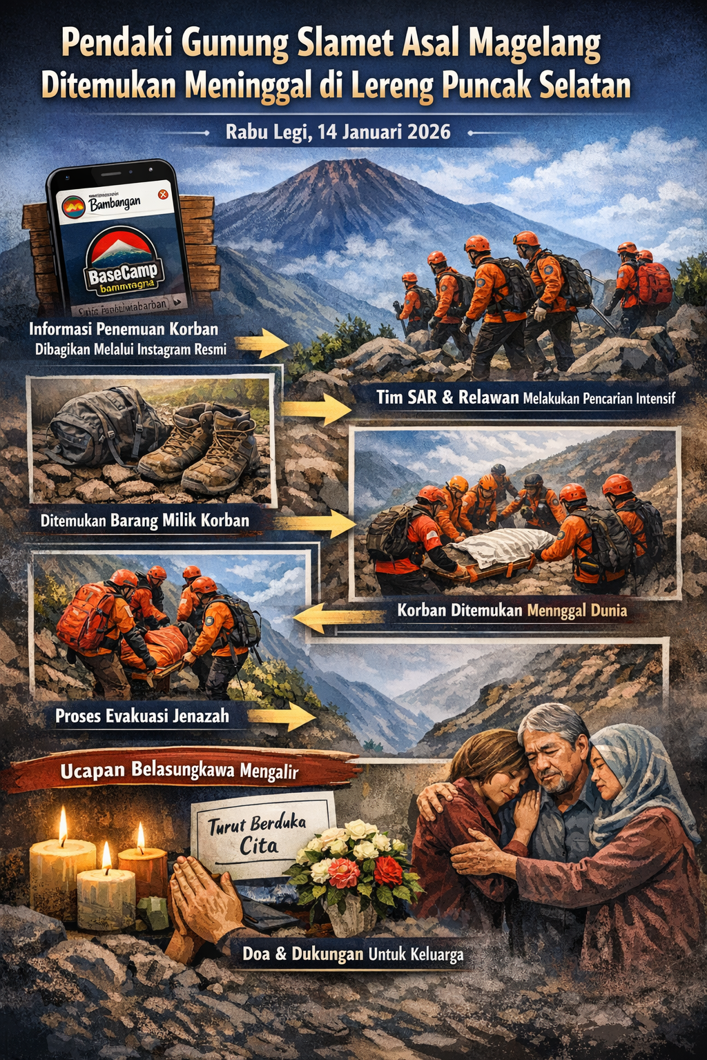 Pendaki Gunung Slamet Asal Magelang Ditemukan Meninggal di Lereng Puncak Selatan